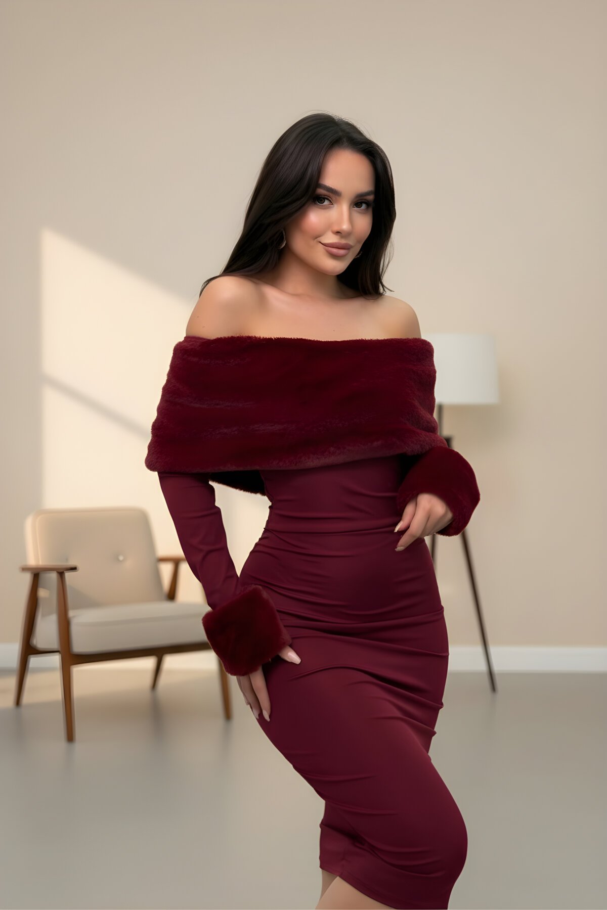 Bordo Straplez Mini Madonna Yaka Suni Kürklü Elbise - MOZENA