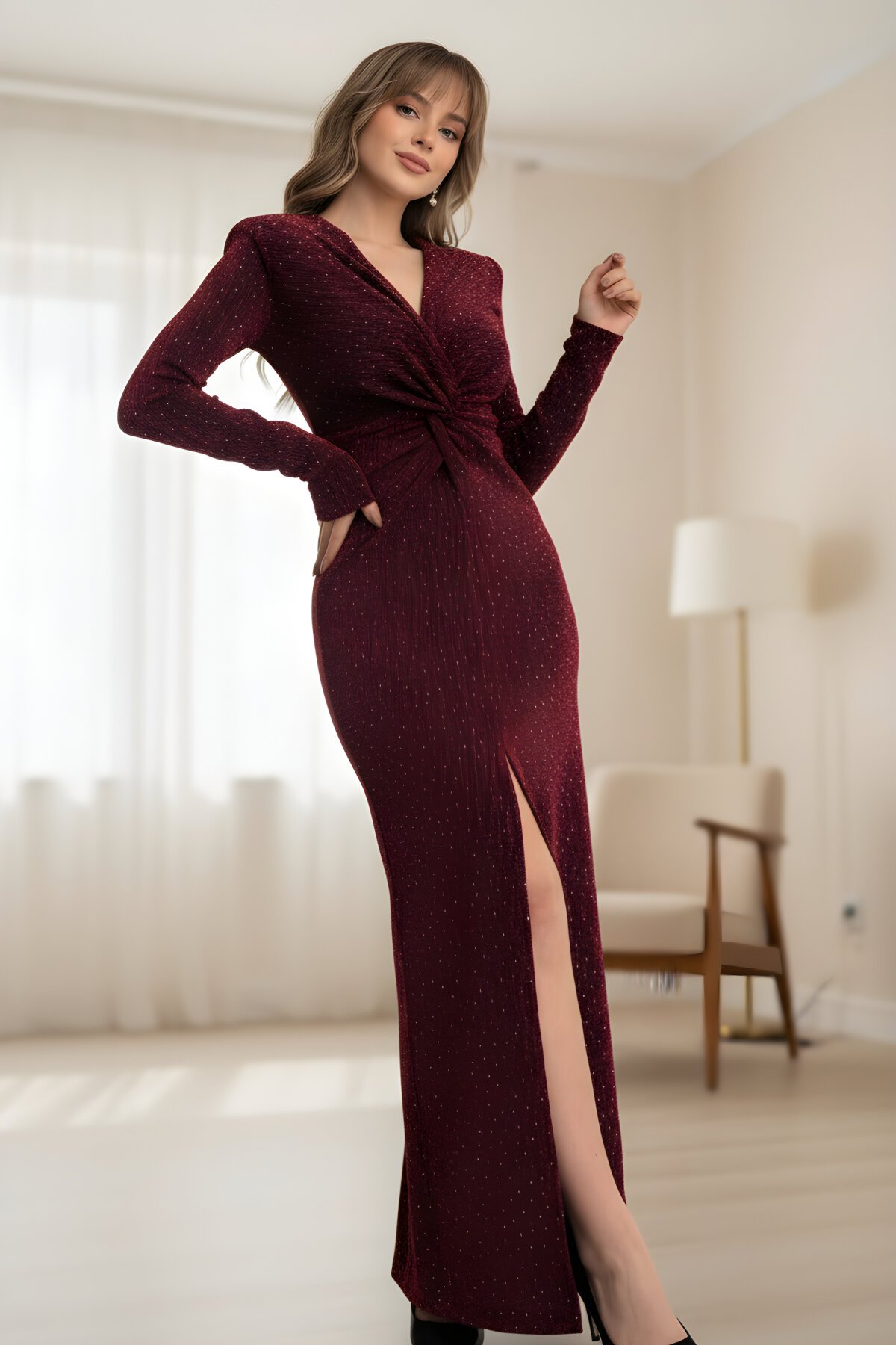 Long Jeweled V-Neck Twisted Front Slit Evening Dress - Burgundy - MOZENA
