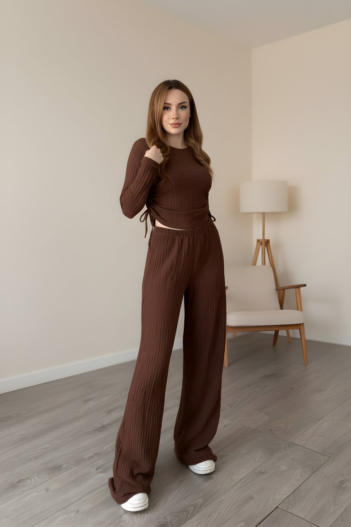 Kahverengi Gofre İkili Yan Büzgü Detaylı Takım - MOZENA