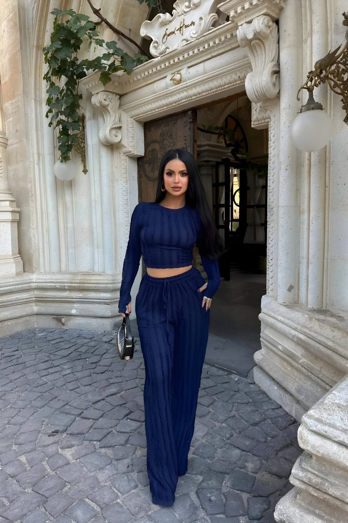 Lacivert Fitilli Ters Dikiş İkili Takım - MOZENA