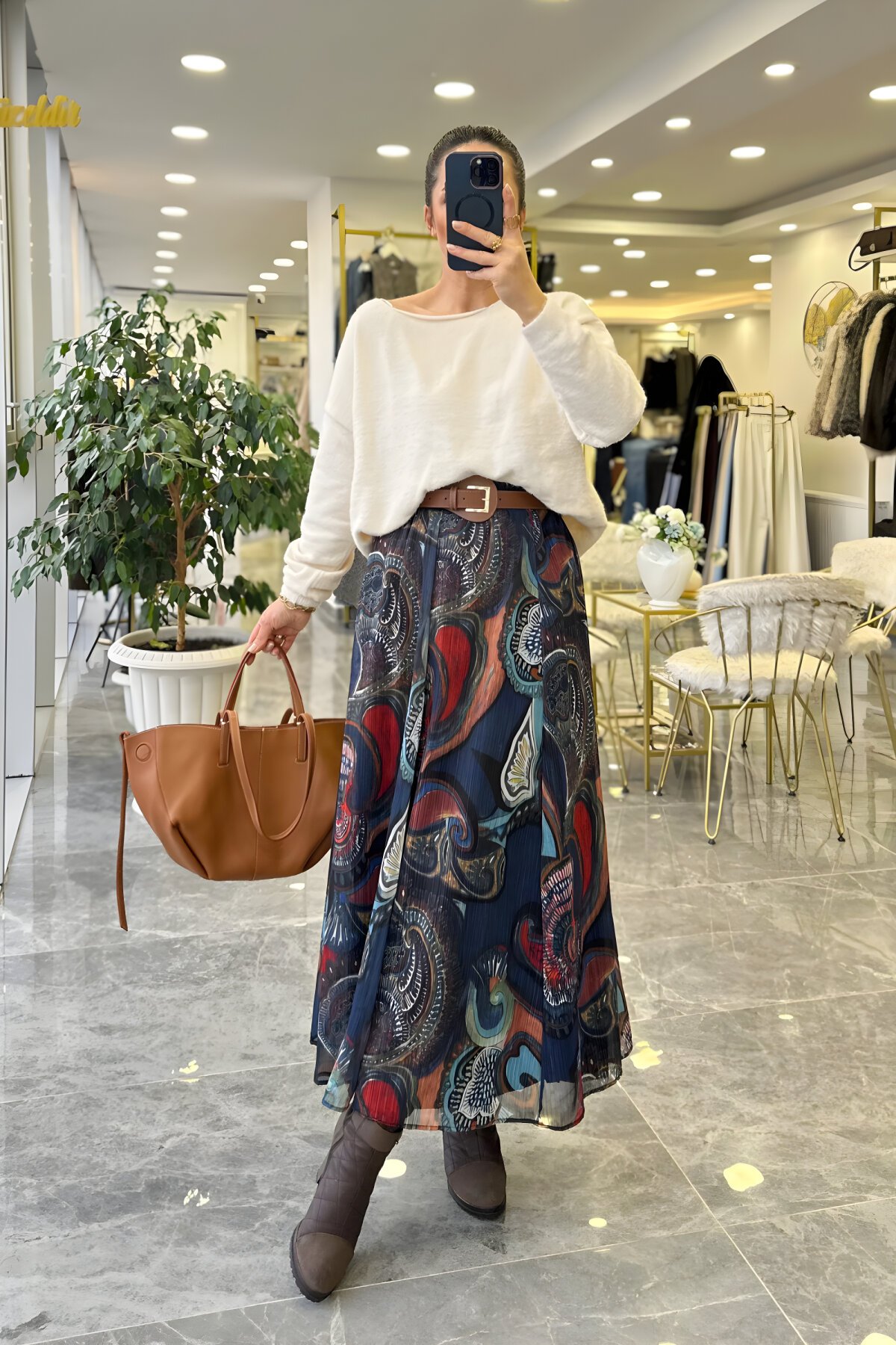 Renkli Desenli Şifon Metalik İpli Kemerli Etek