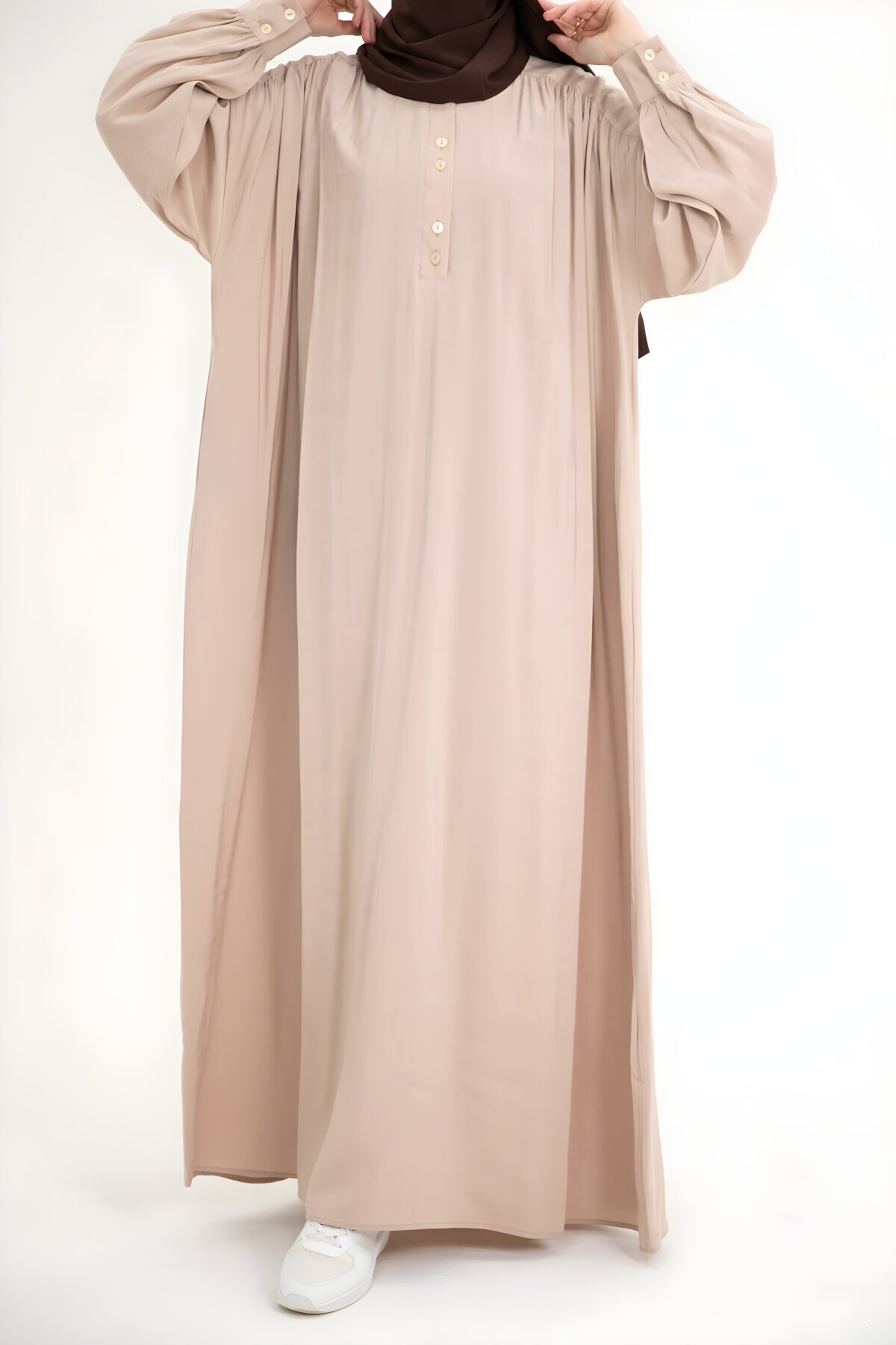 Bej Modal Cupra Düğmeli Büzgü Detaylı Tesettür Elbise - Nissra