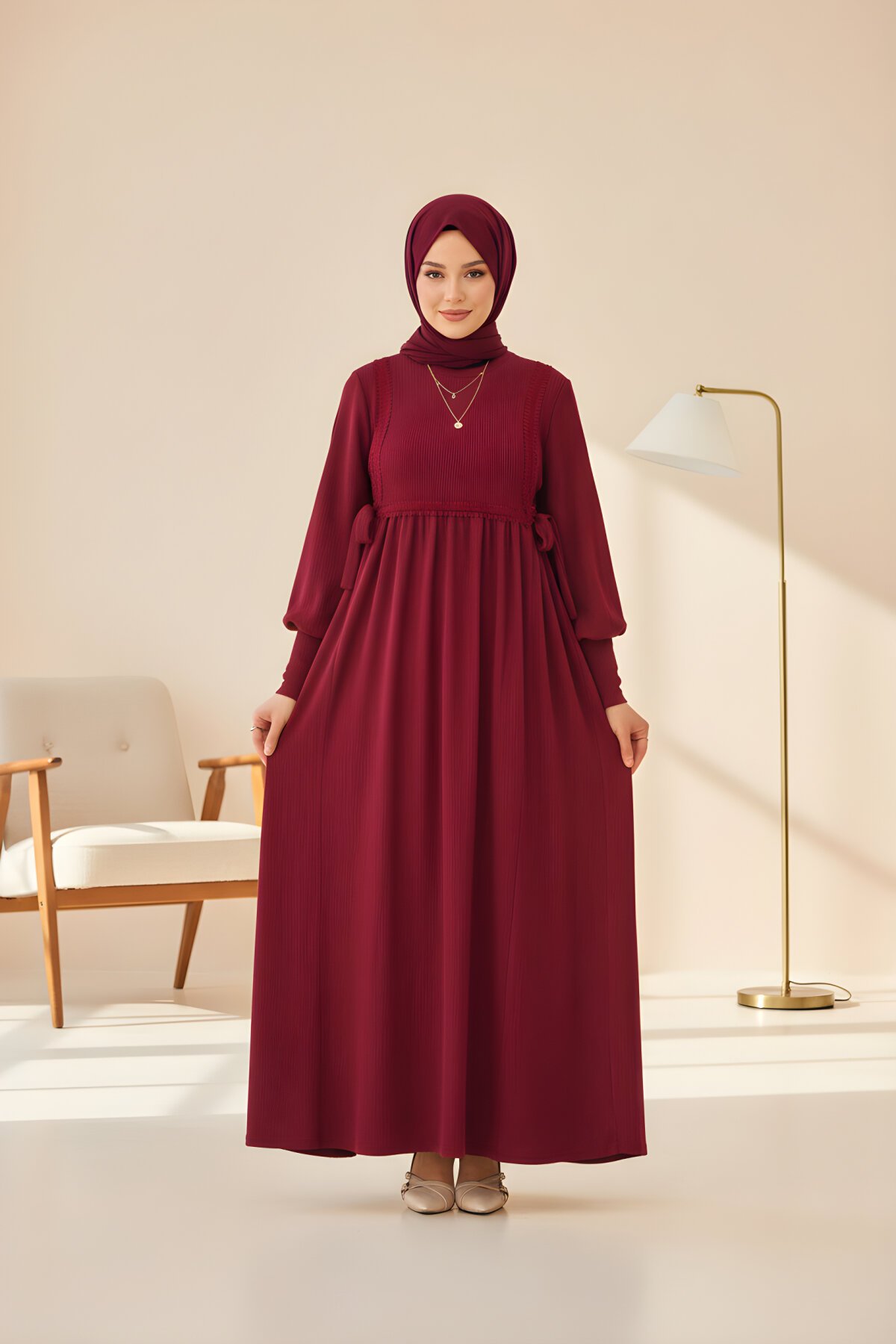 Bordo Desenli Dantelli Yandan Bağlamalı Örme Tesettür Elbise - Nissra