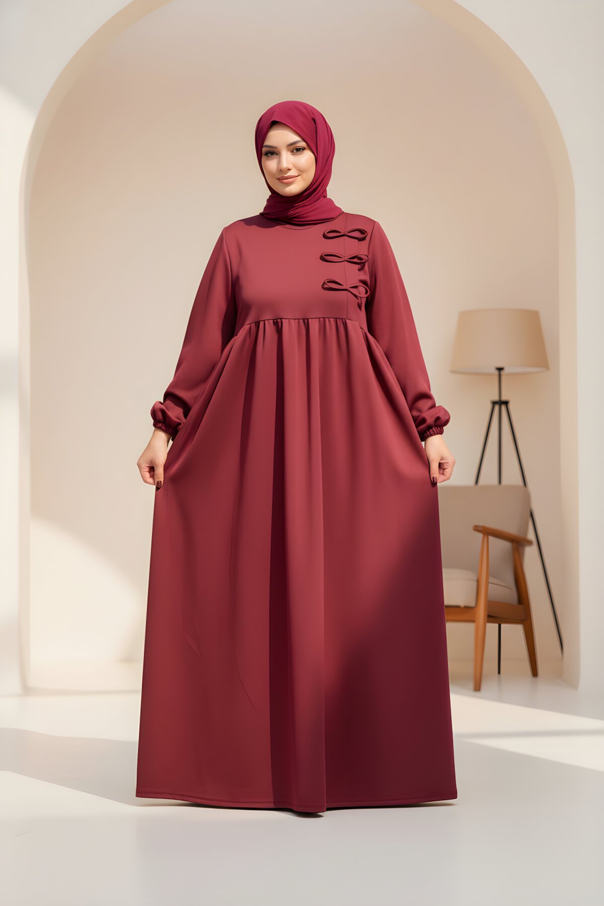 Bordo Desenli Fiyonklu Örme Elbise