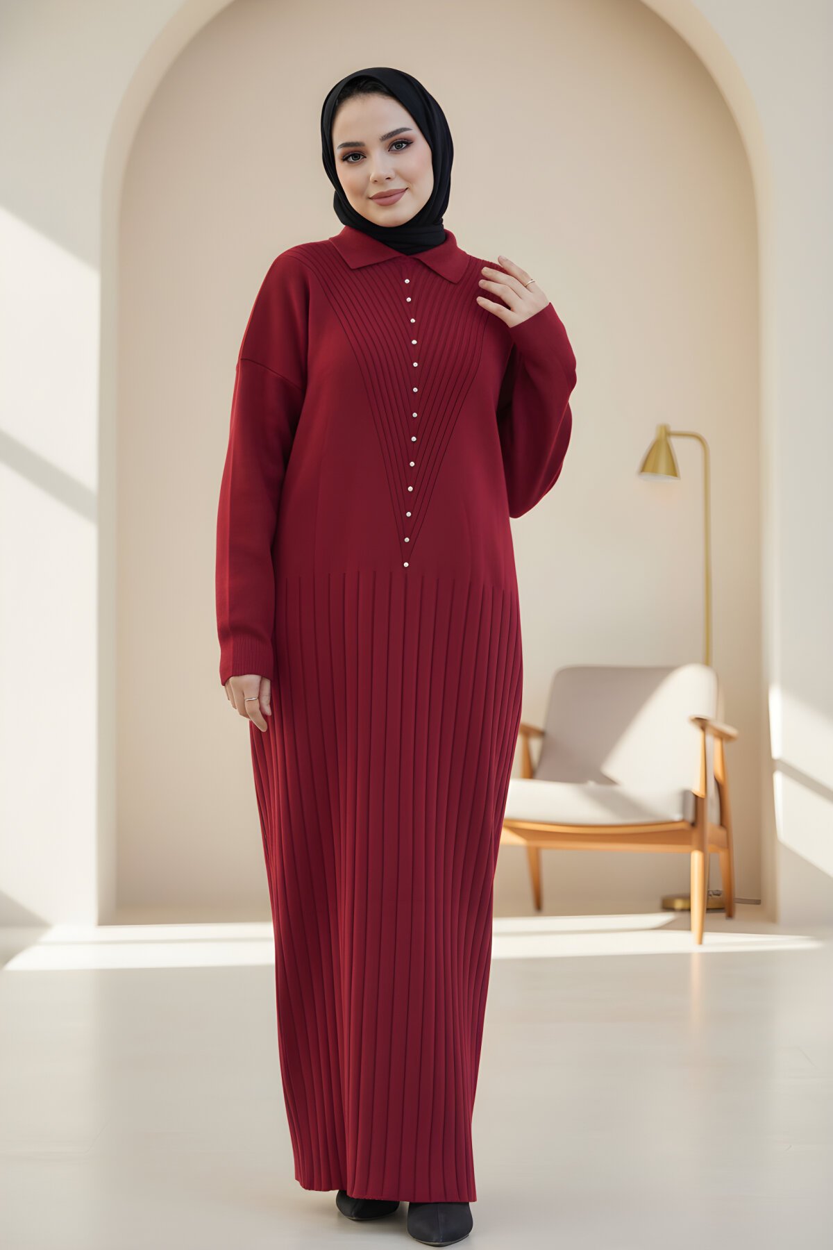 Bordo Triko Taş Detaylı Elbise