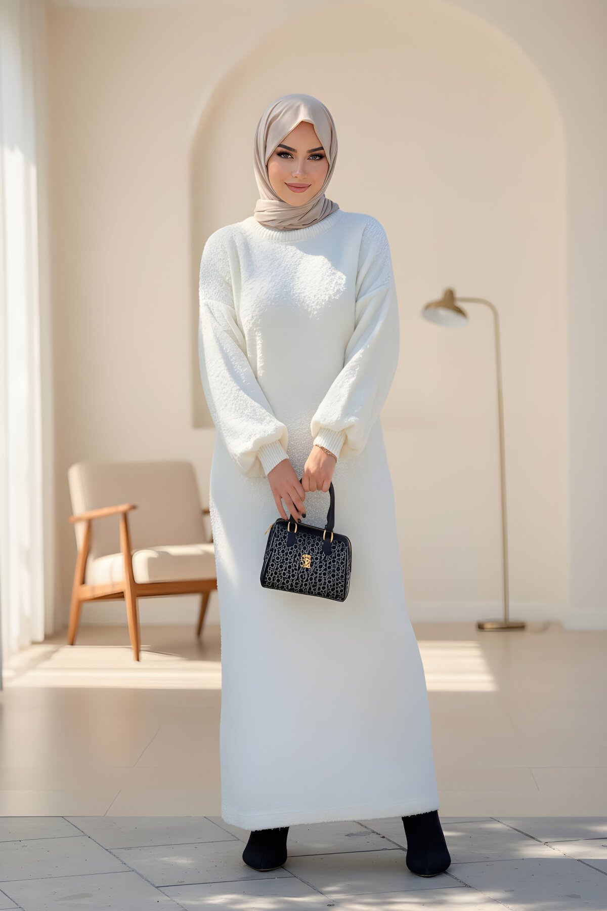 Ekru Oversize Triko Tasarım Elbise Ekru Oversize Triko Tasarım Elbise