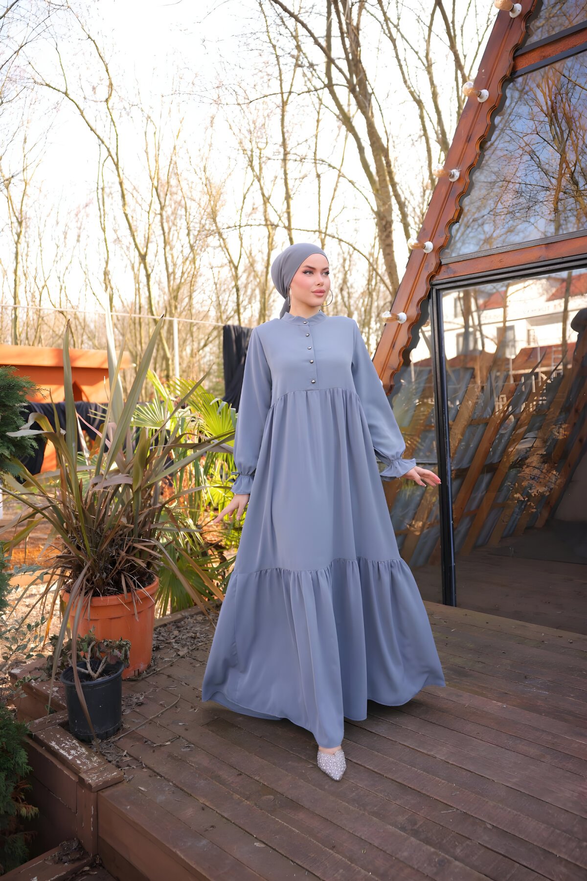 Tiered Half-Placket Modest Dress - Charcoal Gray - Nissra