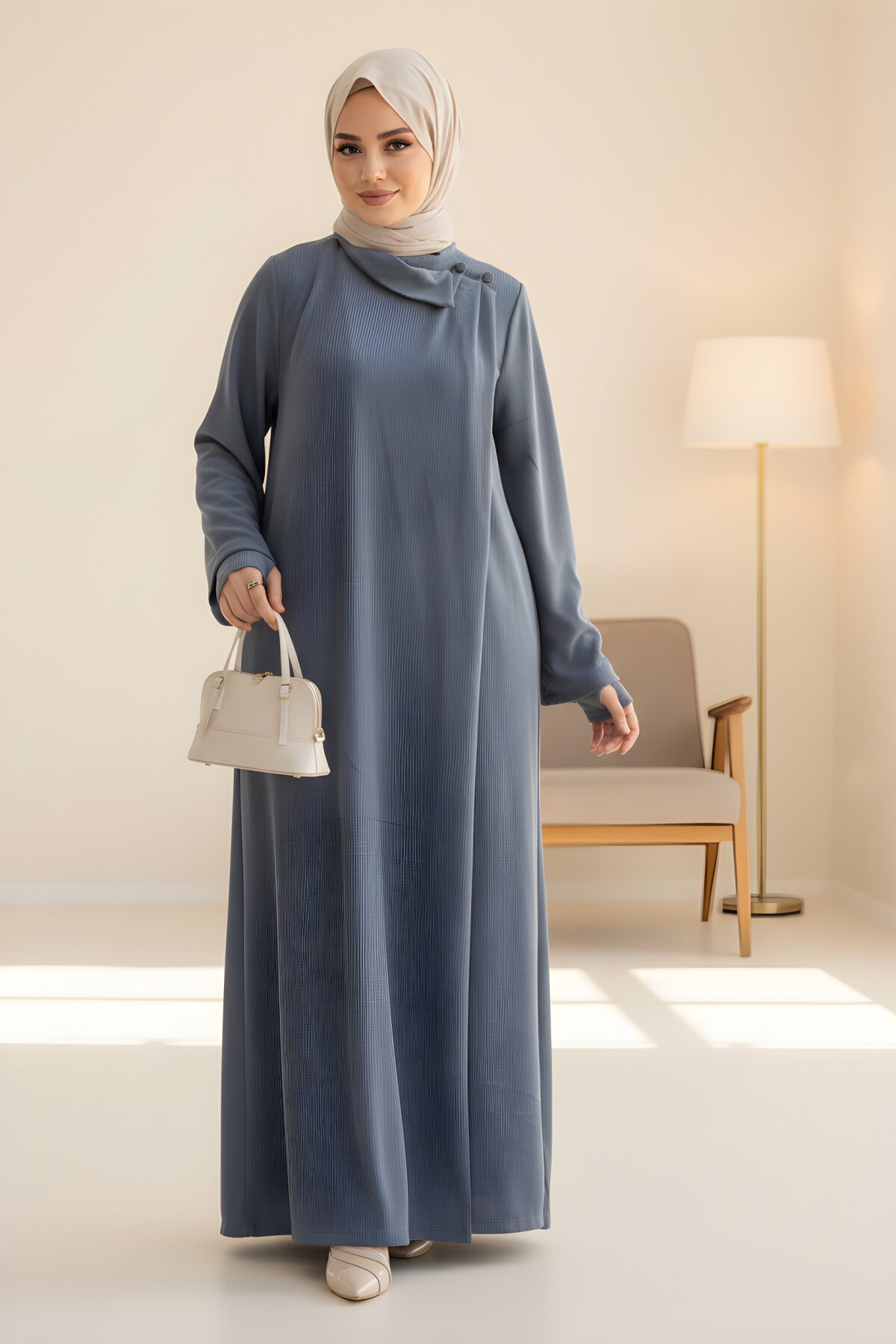 Gri Anvelop Örme Ferace Kolluklu Elbise