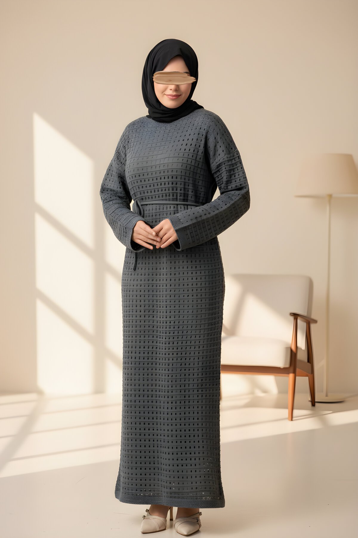 Gri Desenli Uzun Kol İçlikli File Triko Elbise