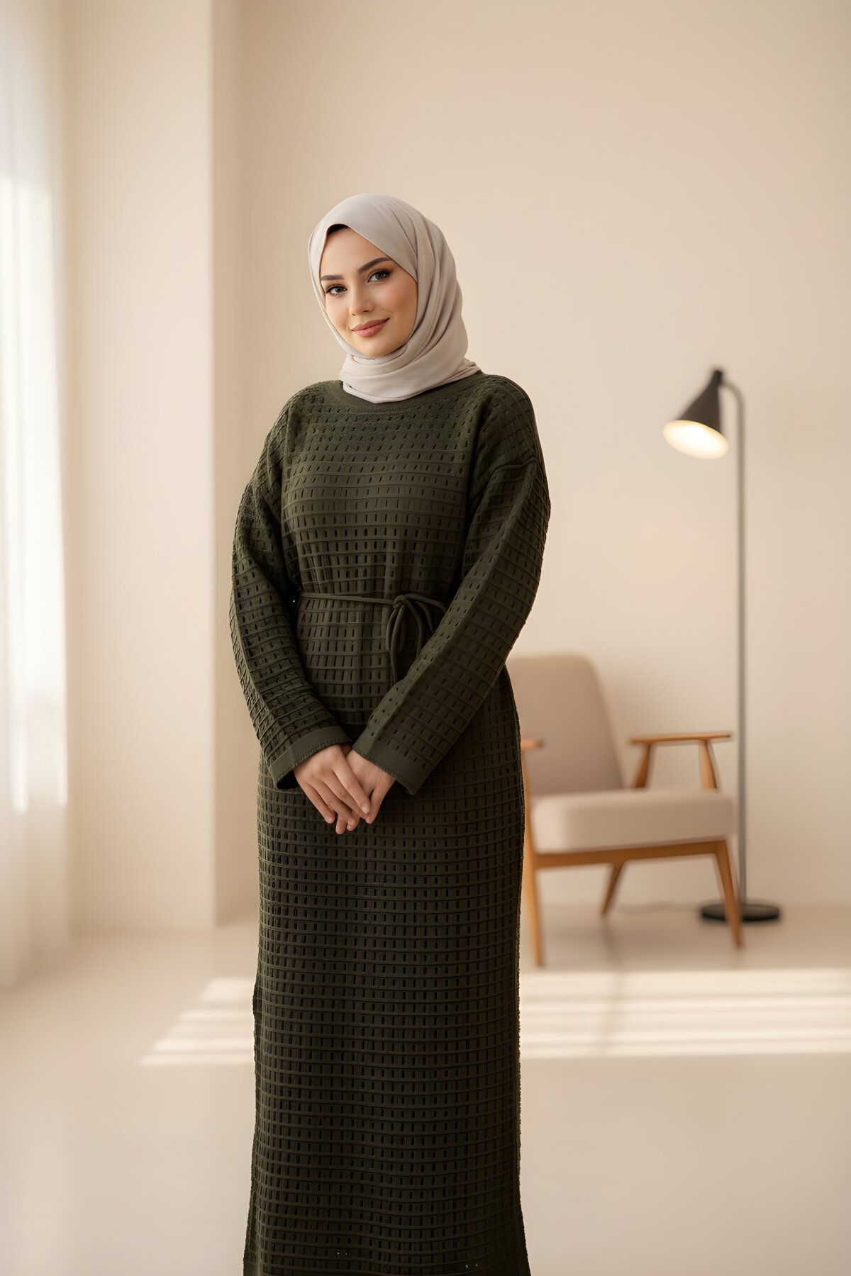 Haki File Triko Uzun Kol İçlikli Elbise Haki File Triko Uzun Kol İçlikli Elbise