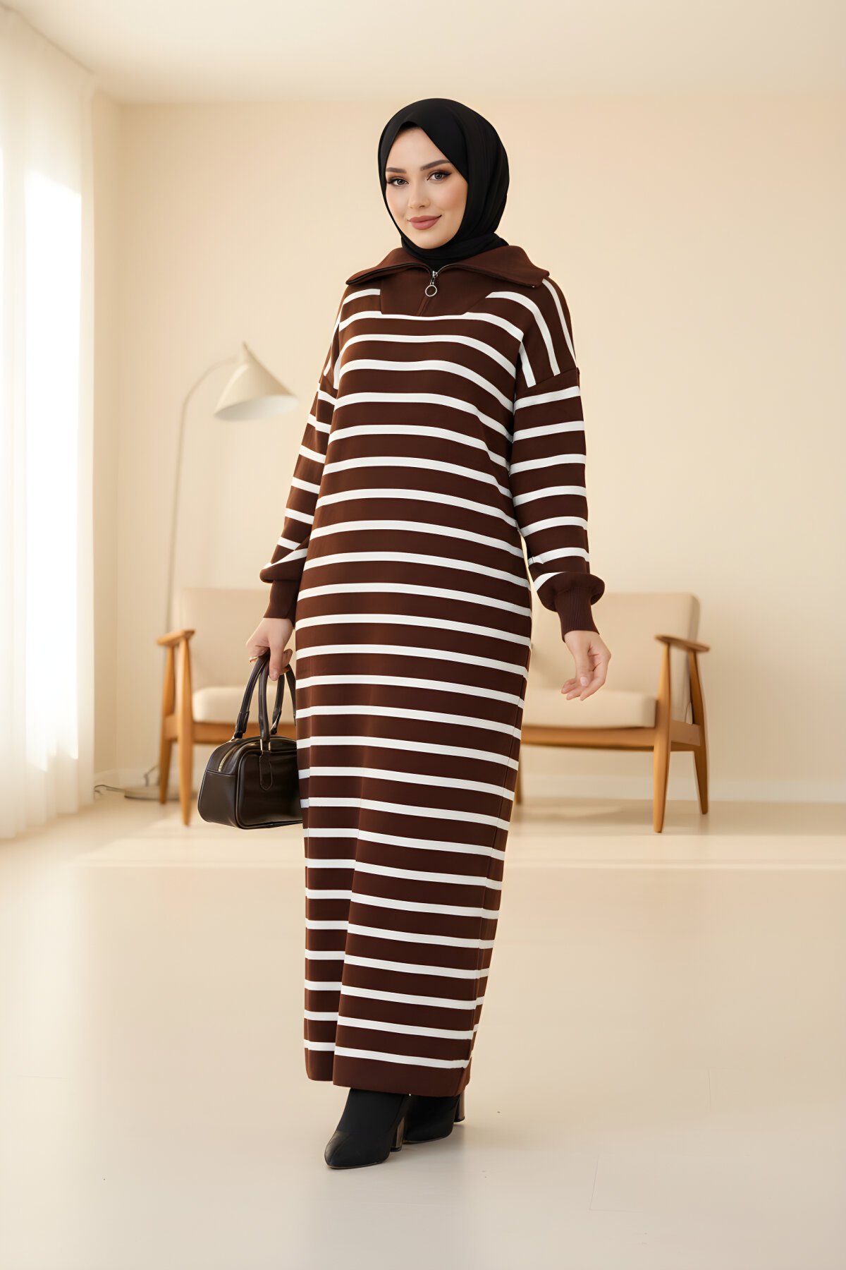 Kahve Çizgili Triko Fermuar Yakalı Elbise Kahve Çizgili Triko Fermuar Yakalı Elbise