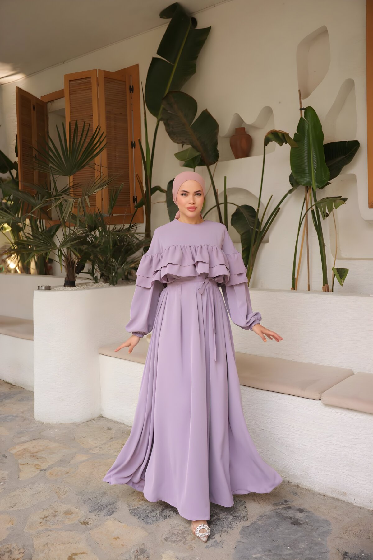 Lila Salaş Çift Fırfırlı Elbise