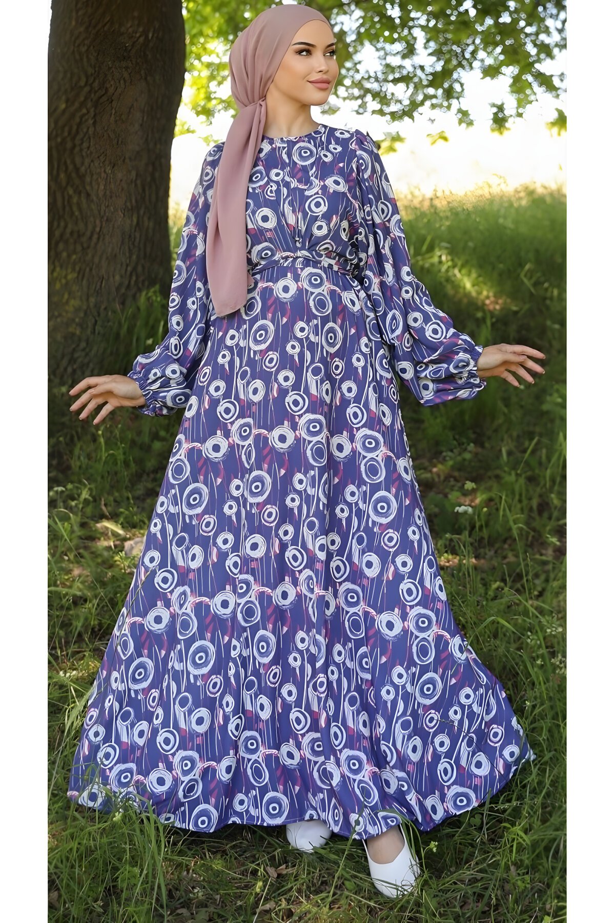 Mavi Yuvarlak Desenli Saten Bağlamalı Elbise