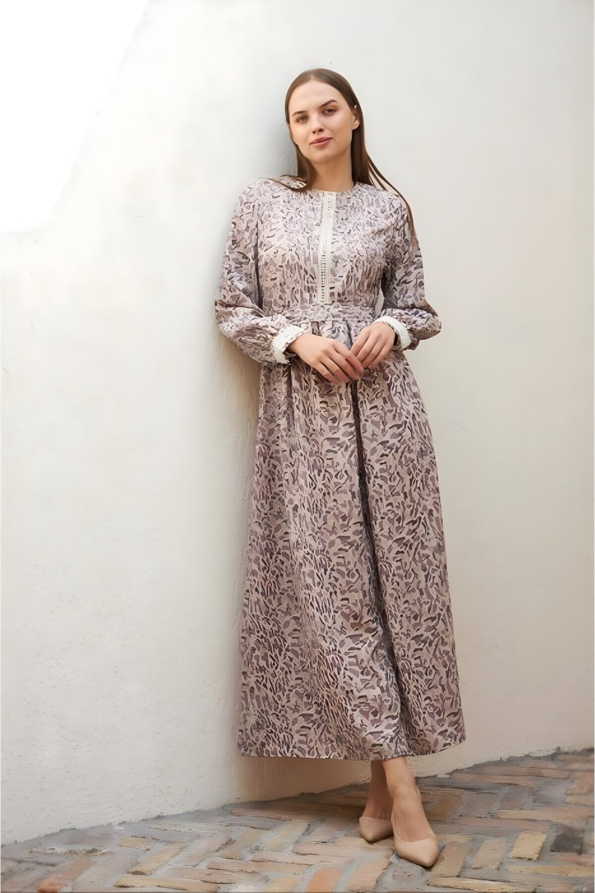 Mor Çıtır Desenli Keten Kuşaklı Elbise