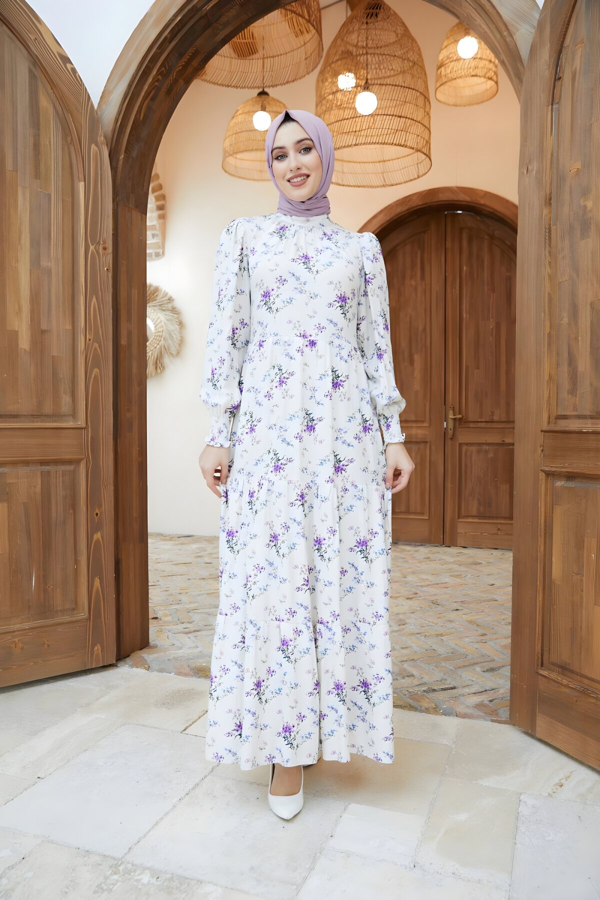 Mor Desenli Çingene Model Keten Hakim Yaka Elbise