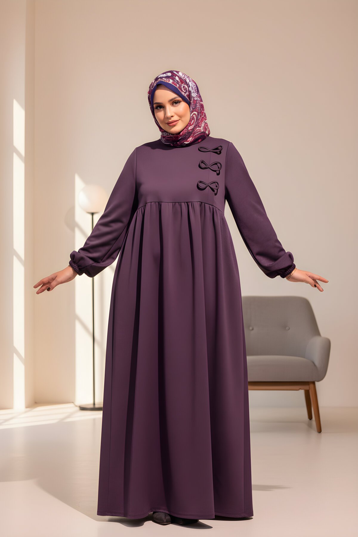 Mor Örme Fiyonklu Elbise