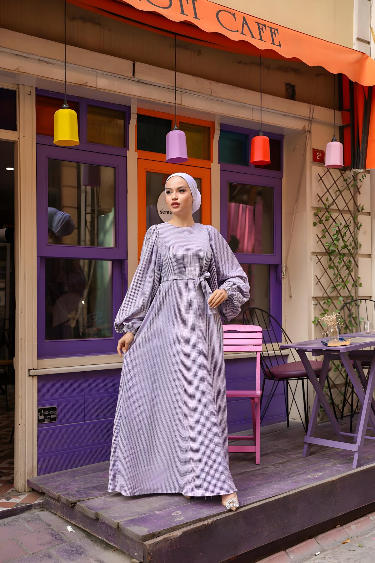 Mor Pötikareli Balon Kol Jakar Elbise