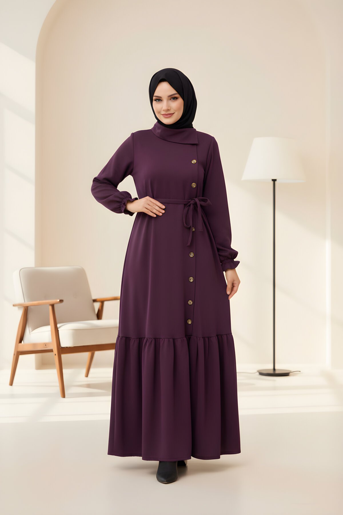 Mürdüm Anvelop Yandan Düğmeli Örme Tesettür Elbise - Nissra