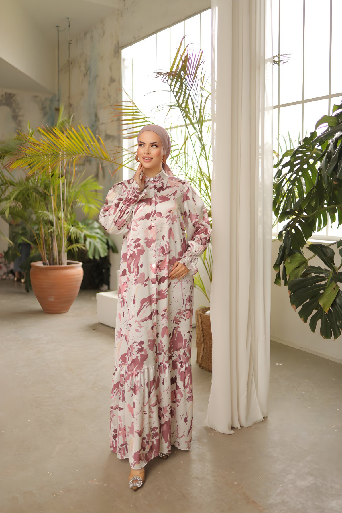 Pembe Saten Yaka Boy Düğmeli Gömlek Elbise Pembe Saten Yaka Boy Düğmeli Gömlek Elbise