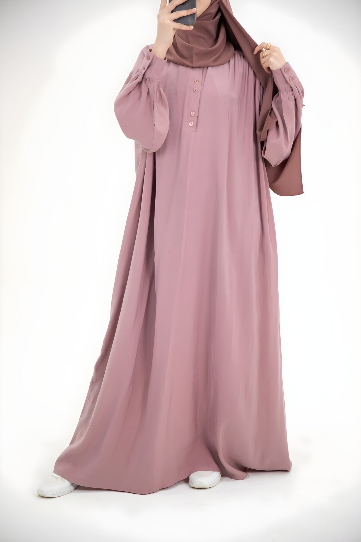Pudra Modal Cupra Büzgü Detaylı Düğmeli Tesettür Elbise - Nissra
