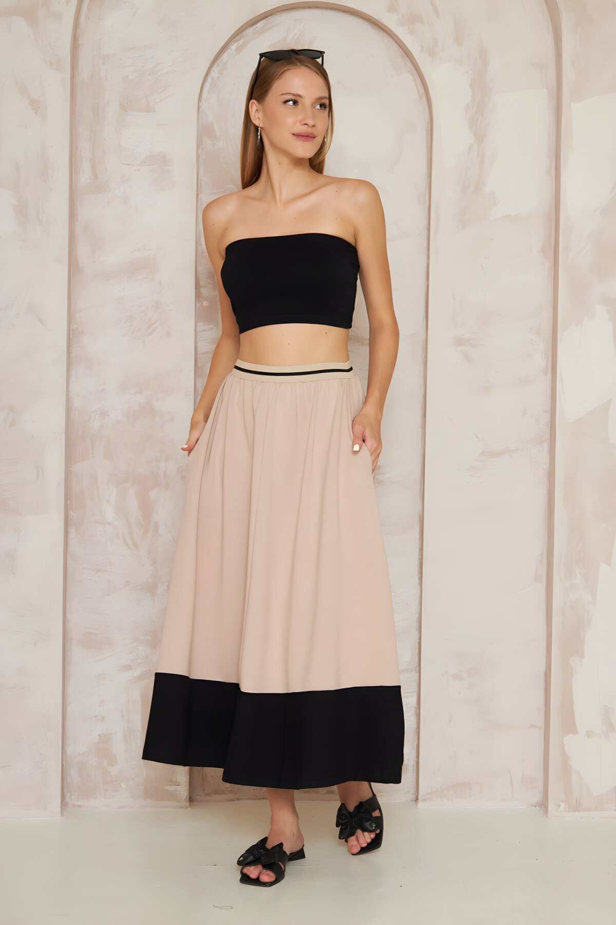 Bej Bloklu Şeritli Uzun Salaş Kloş Bohem Beli Lastik Cepli Etek