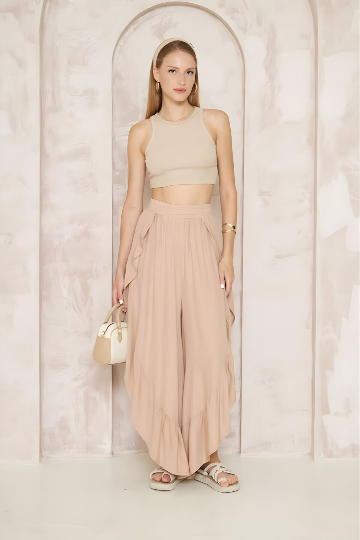 Bej Otantik Bohem Beli Lastikli Salaş Şalvar Etek Yırtmaçlı Pantolon