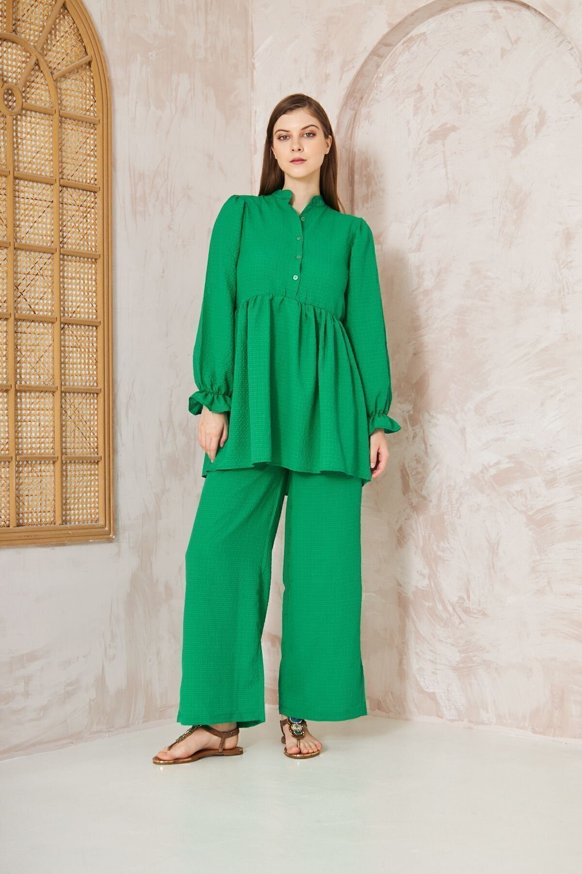 Waffle Texture Gathered Balloon Sleeve Tunic Pants Two-Piece Set - Pasaklı Giyim