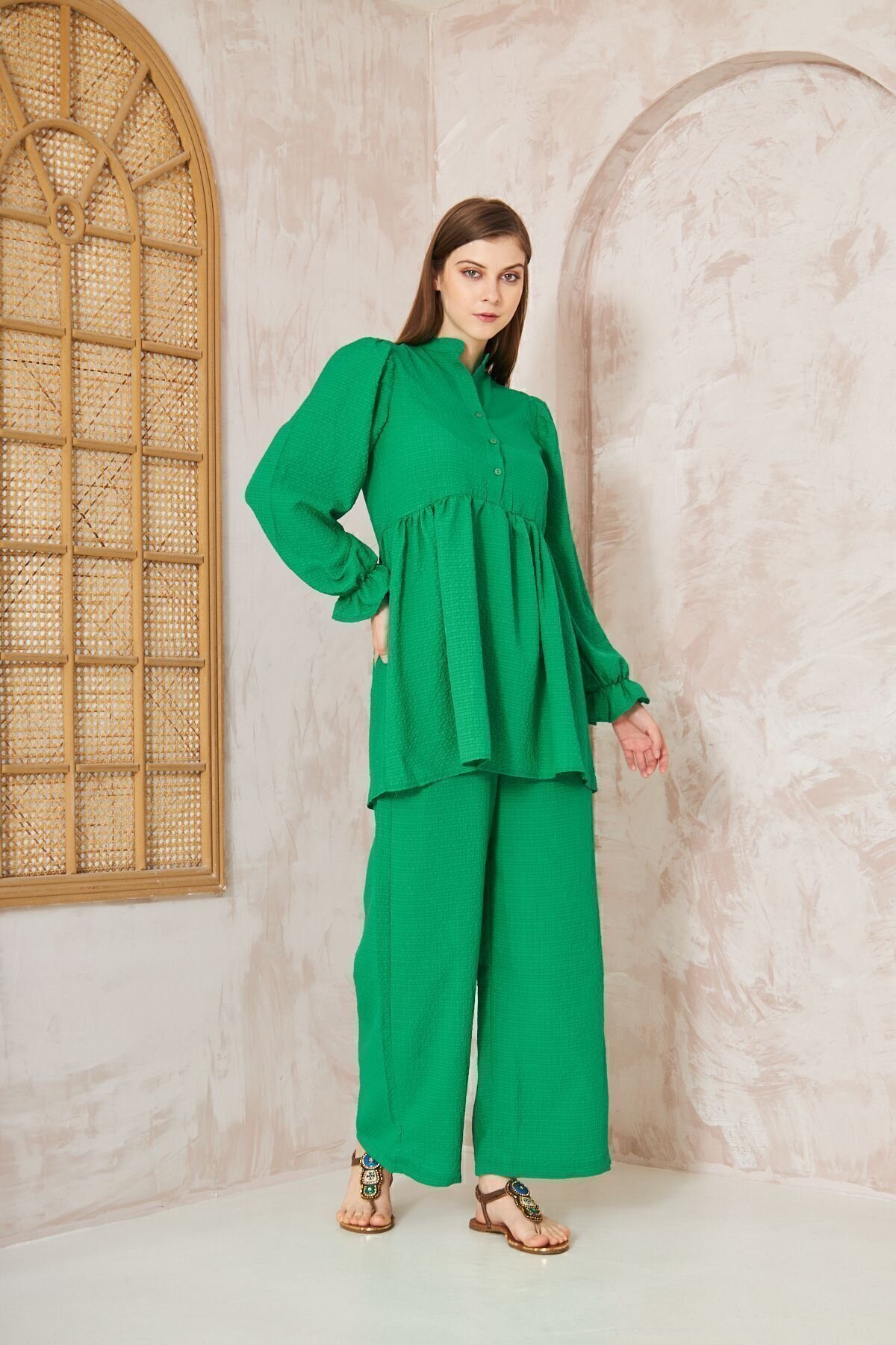 Waffle Texture Gathered Balloon Sleeve Tunic Pants Two-Piece Set - Pasaklı Giyim