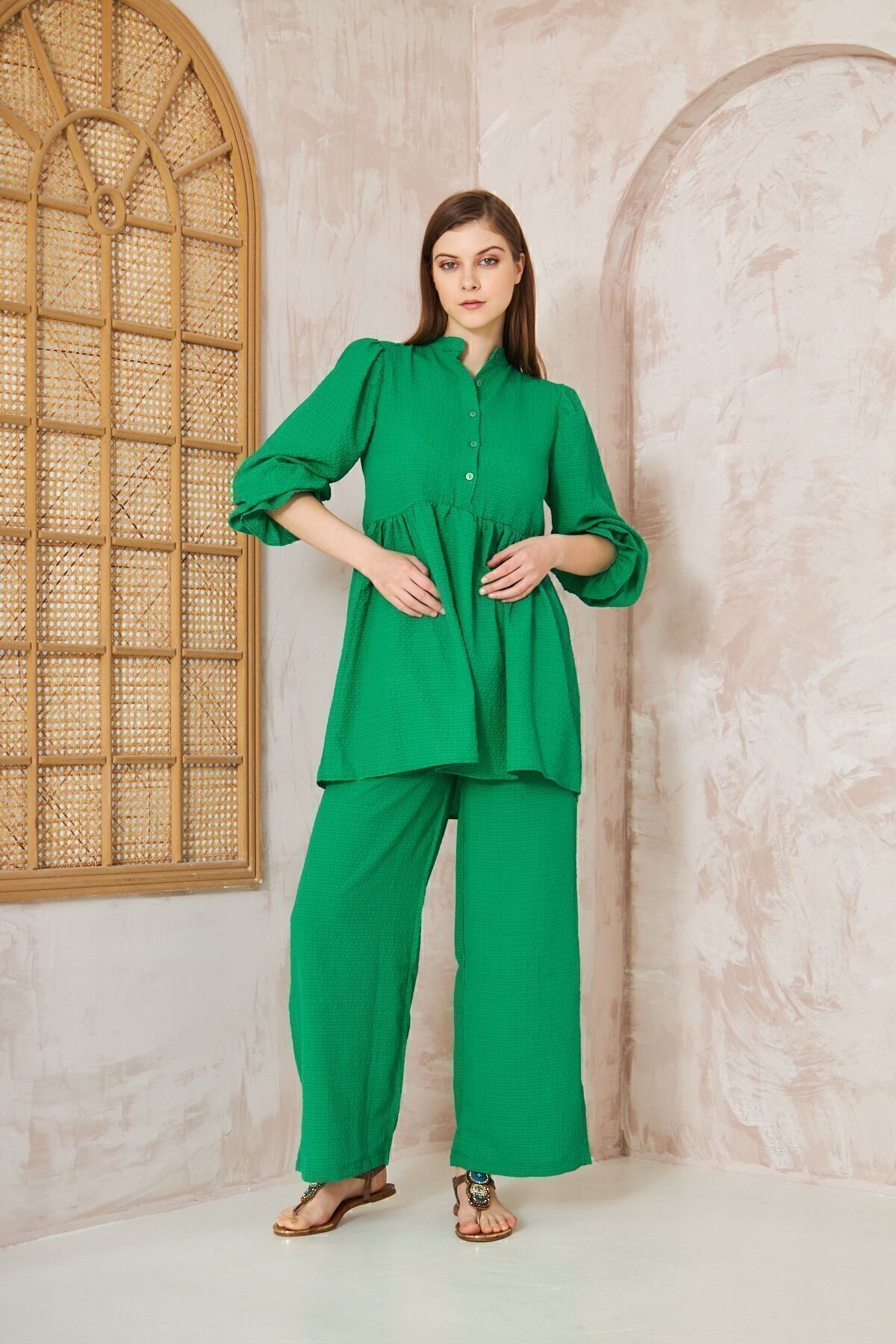 Waffle Texture Gathered Balloon Sleeve Tunic Pants Two-Piece Set - Pasaklı Giyim