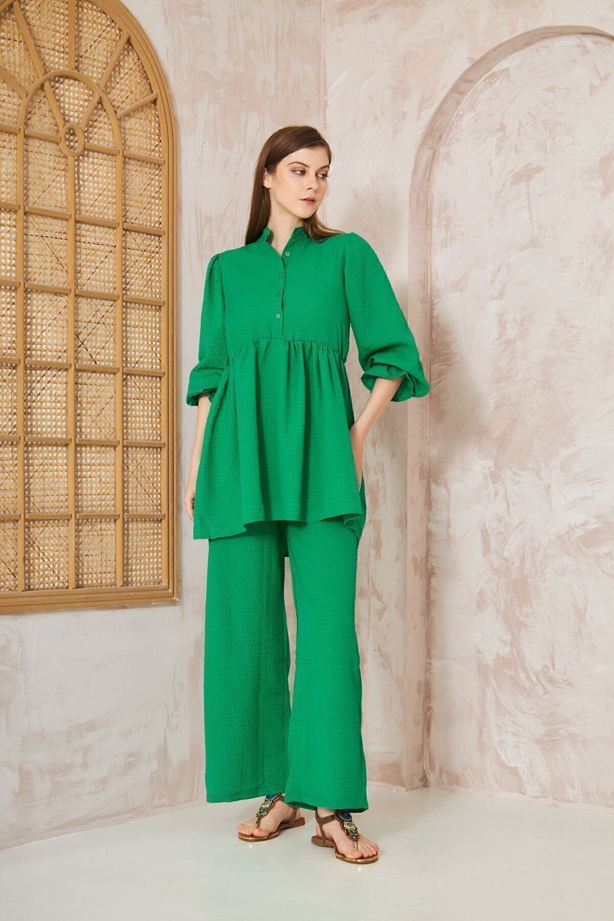 Waffle Texture Gathered Balloon Sleeve Tunic Pants Two-Piece Set - Pasaklı Giyim