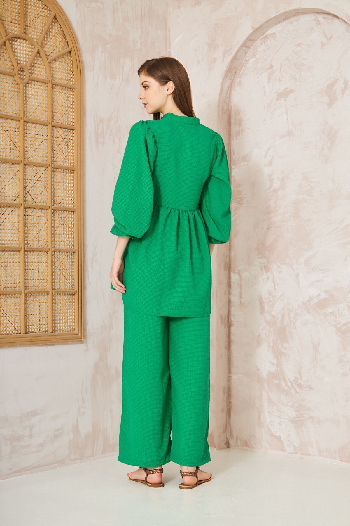 Waffle Texture Gathered Balloon Sleeve Tunic Pants Two-Piece Set - Pasaklı Giyim