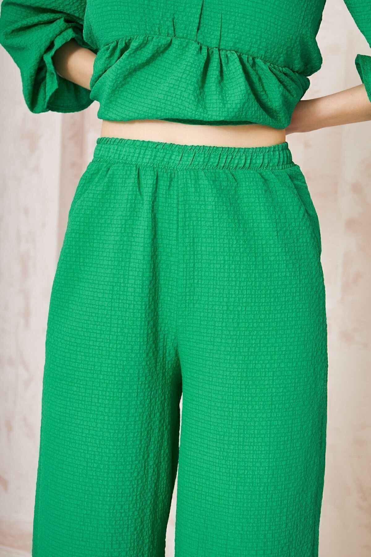 Waffle Texture Gathered Balloon Sleeve Tunic Pants Two-Piece Set - Pasaklı Giyim