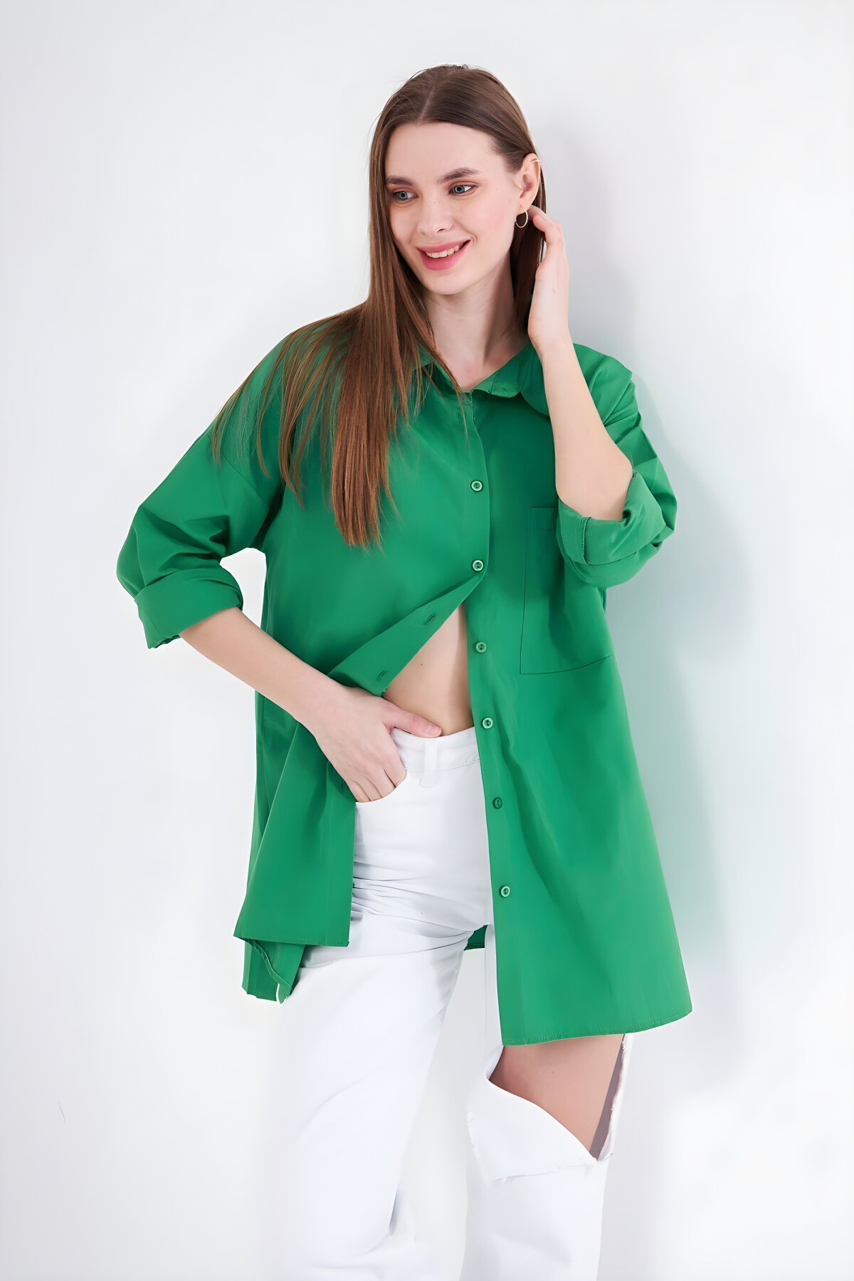 Long-Sleeve Sport Tunic Special Terycotton Fabric Pocketed Shirt - Benetton Green - Pasaklı Giyim
