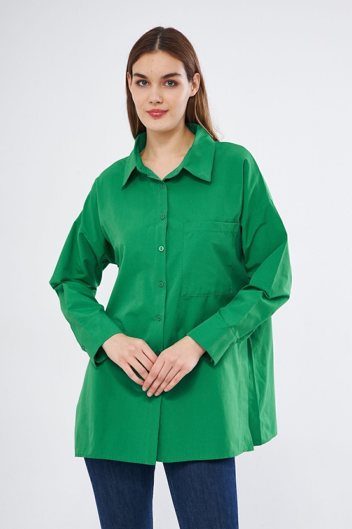 Long-Sleeve Sport Tunic Special Terycotton Fabric Pocketed Shirt - Benetton Green - Pasaklı Giyim