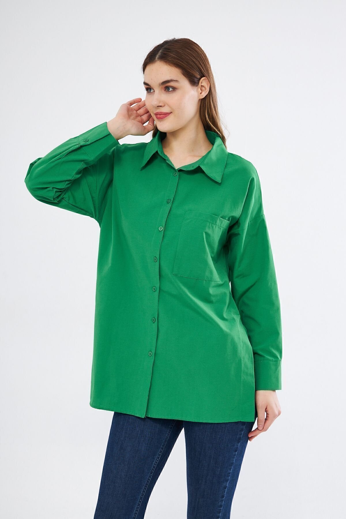 Long-Sleeve Sport Tunic Special Terycotton Fabric Pocketed Shirt - Benetton Green - Pasaklı Giyim