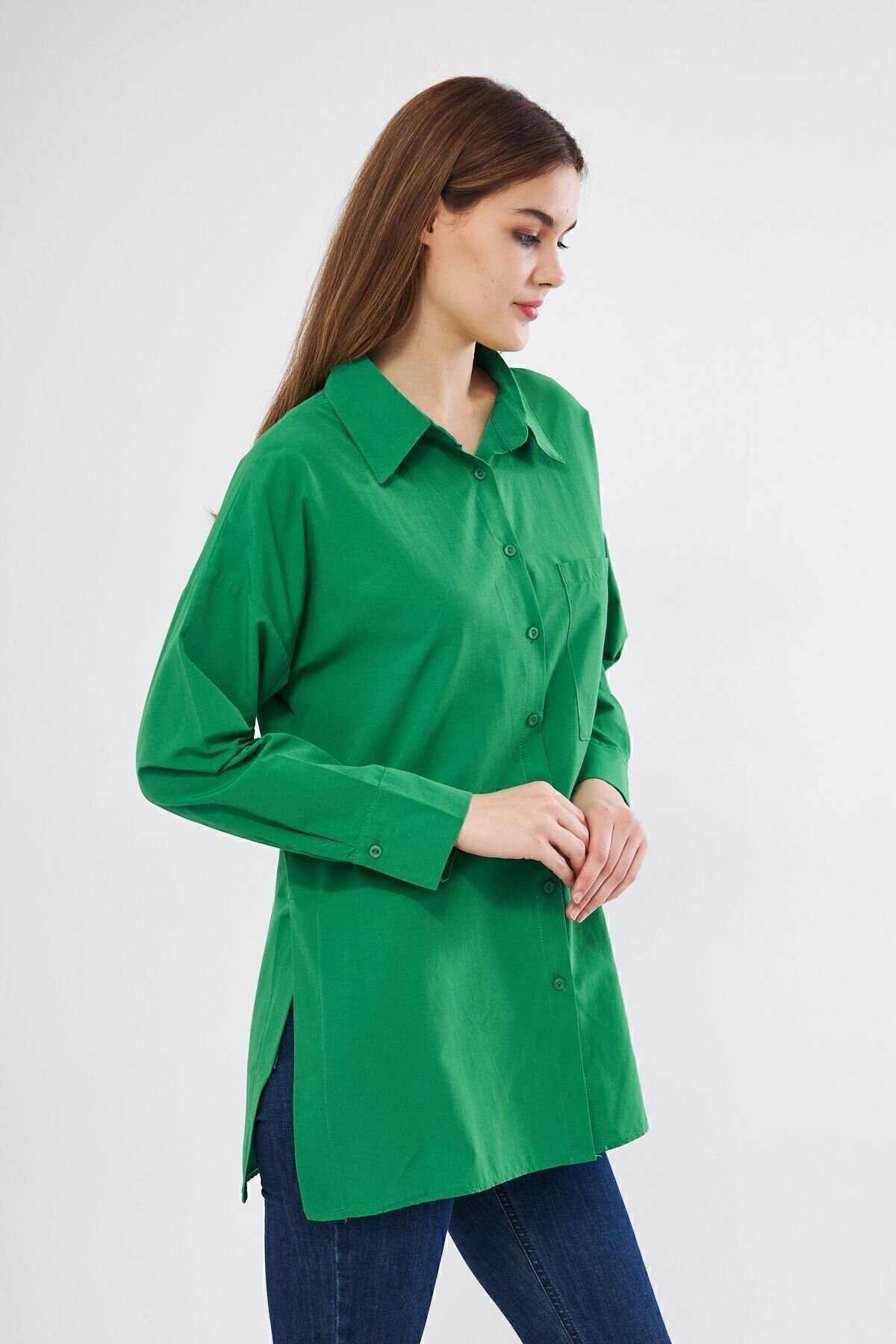 Long-Sleeve Sport Tunic Special Terycotton Fabric Pocketed Shirt - Benetton Green - Pasaklı Giyim