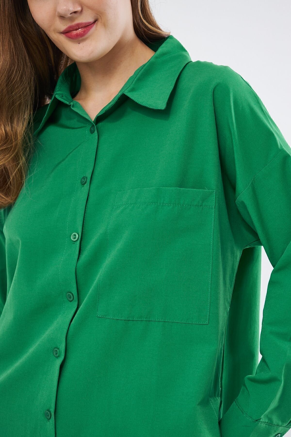 Long-Sleeve Sport Tunic Special Terycotton Fabric Pocketed Shirt - Benetton Green - Pasaklı Giyim