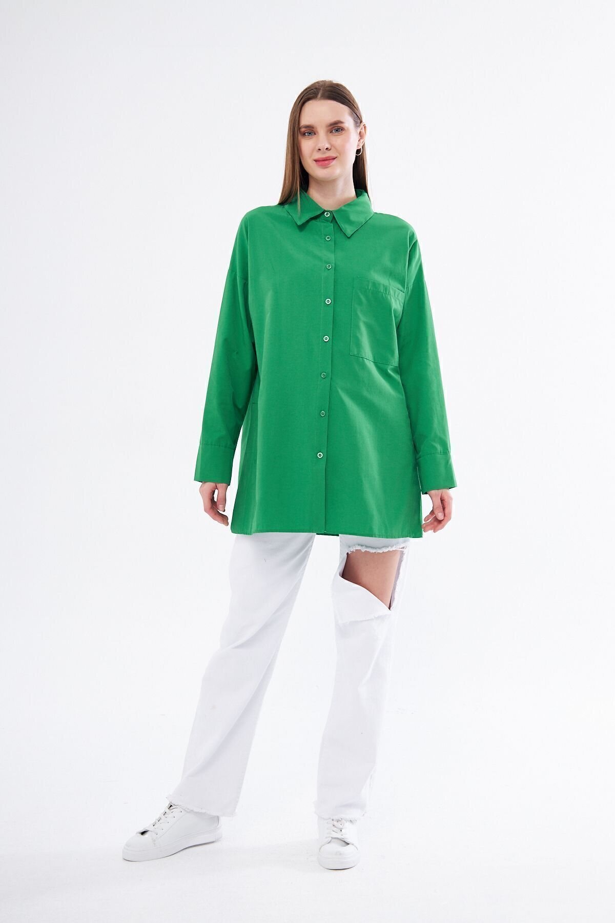 Long-Sleeve Sport Tunic Special Terycotton Fabric Pocketed Shirt - Benetton Green - Pasaklı Giyim