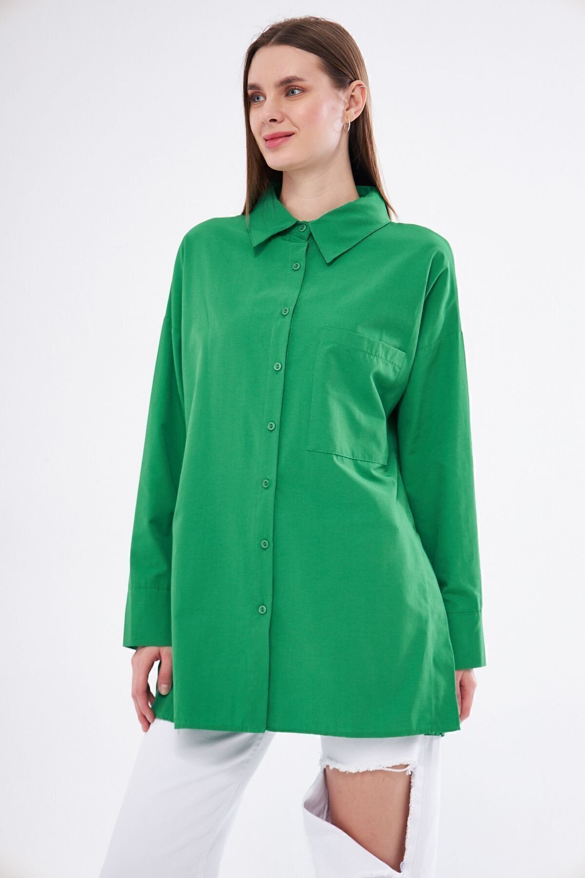 Long-Sleeve Sport Tunic Special Terycotton Fabric Pocketed Shirt - Benetton Green - Pasaklı Giyim