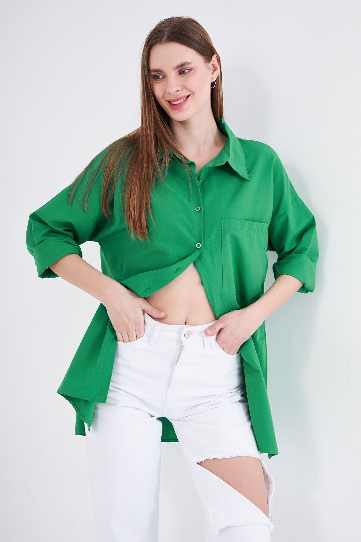 Long-Sleeve Sport Tunic Special Terycotton Fabric Pocketed Shirt - Benetton Green - Pasaklı Giyim