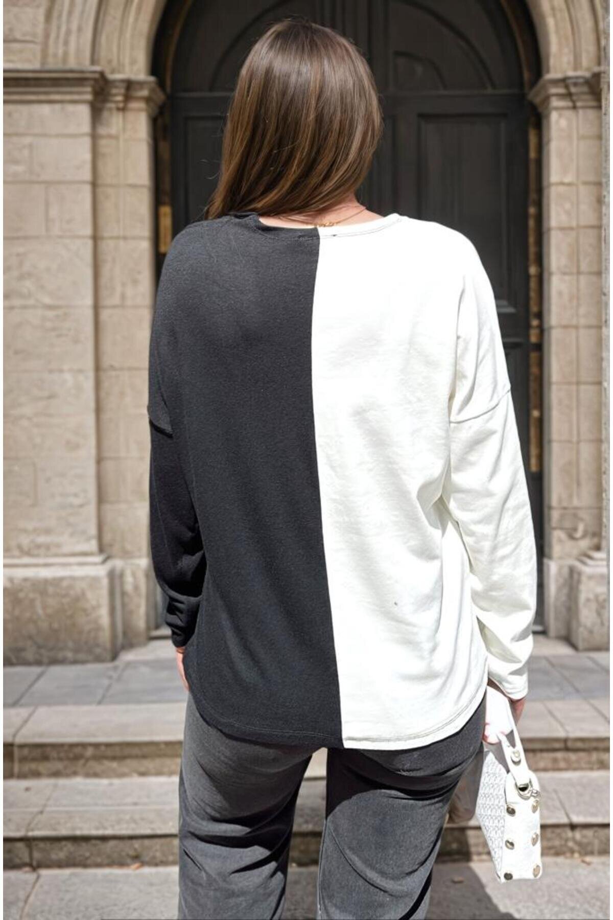 Relaxed Color-Block Long-Sleeve V-Neck Blouse - White - Pasaklı Giyim