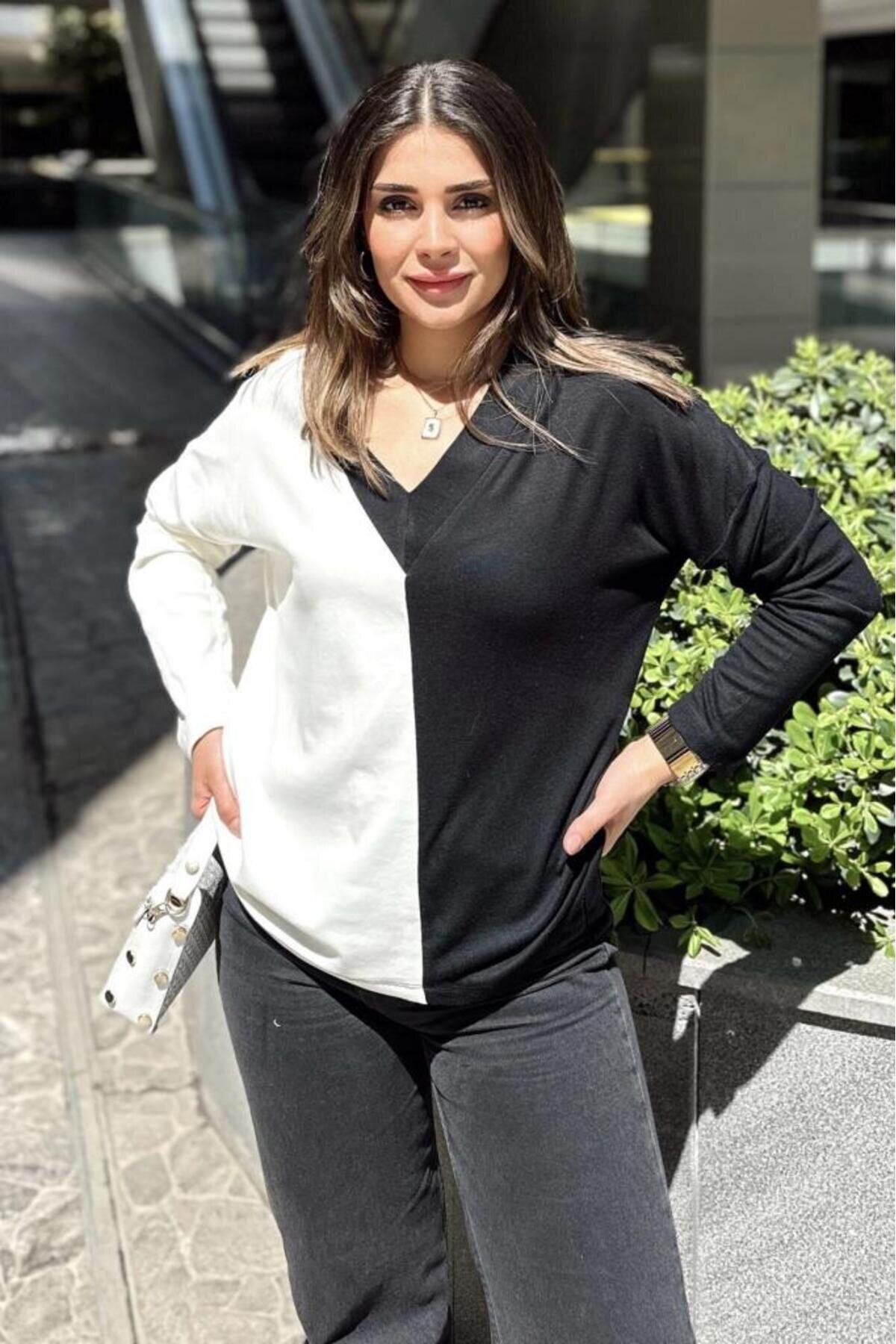 Relaxed Color-Block Long-Sleeve V-Neck Blouse - White - Pasaklı Giyim