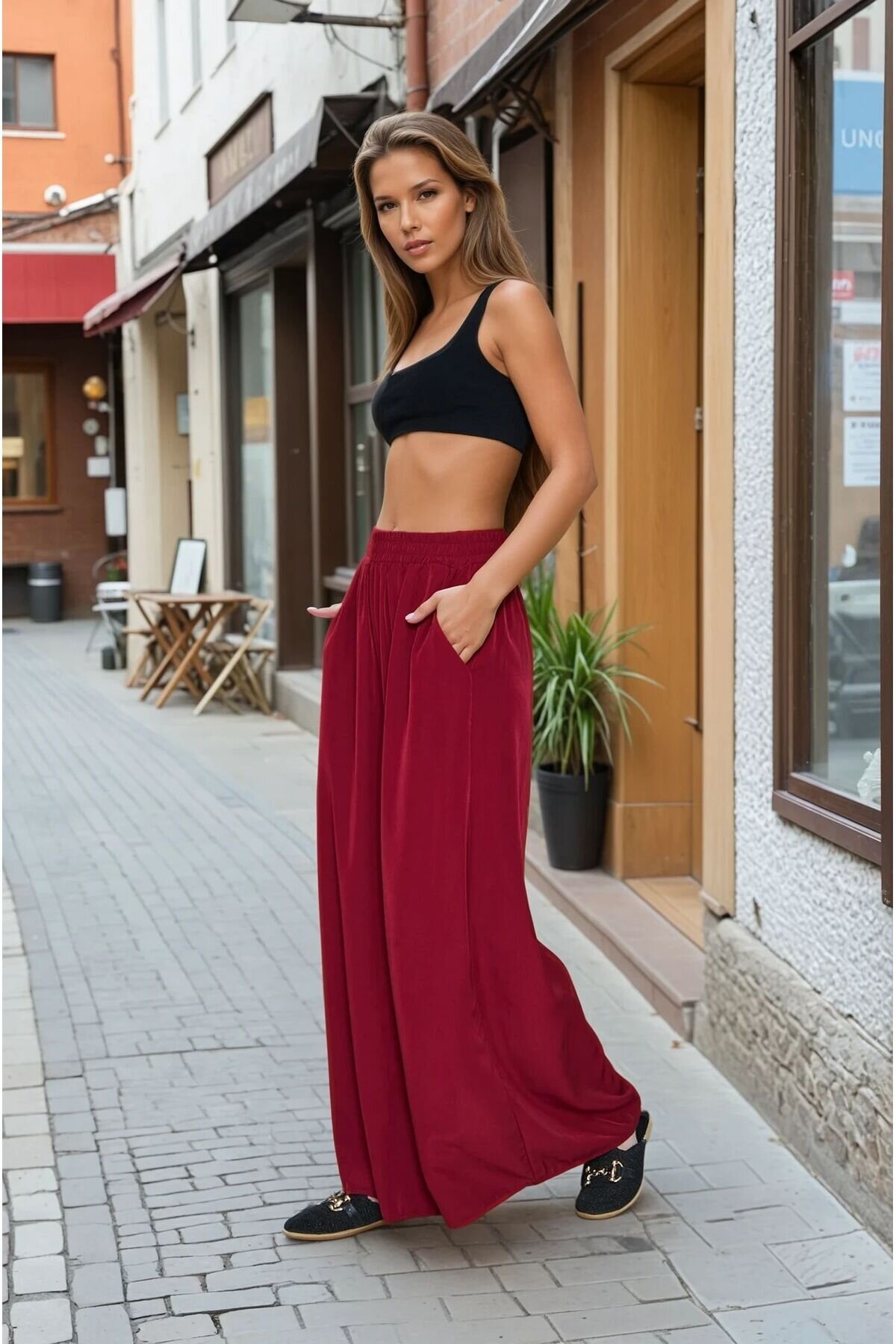 Oversized Loose Wide Leg Soft Textured Elastic Waist Pants - Burgundy - Pasaklı Giyim