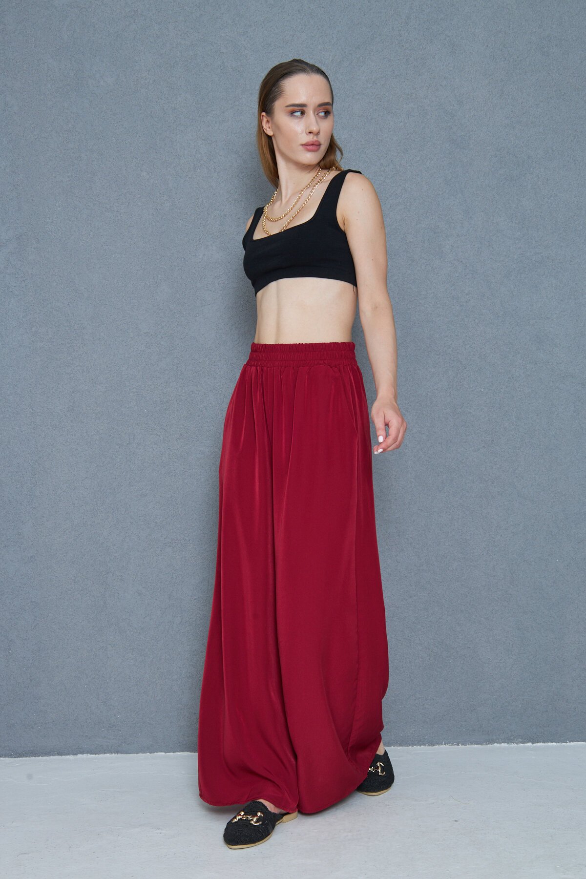Oversized Loose Wide Leg Soft Textured Elastic Waist Pants - Burgundy - Pasaklı Giyim