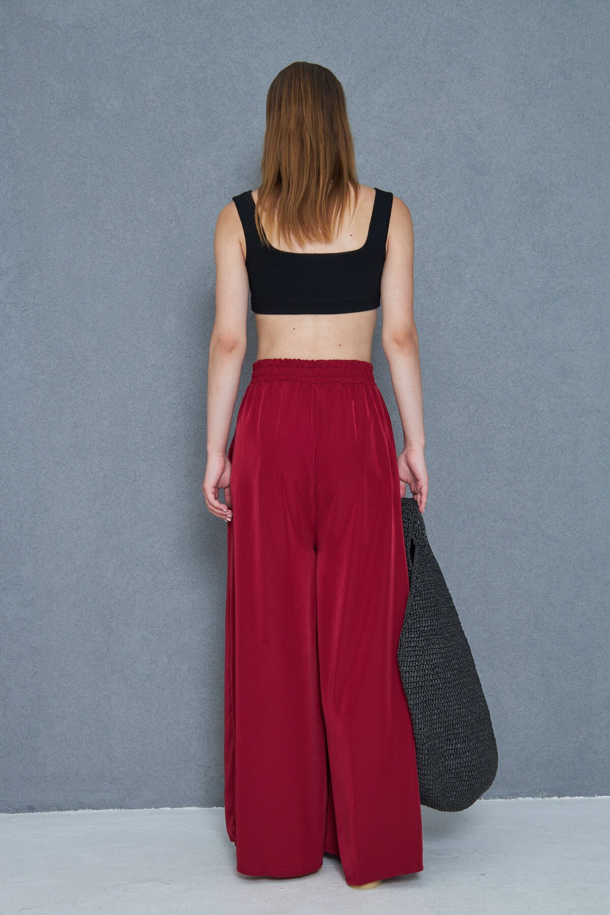 Oversized Loose Wide Leg Soft Textured Elastic Waist Pants - Burgundy - Pasaklı Giyim