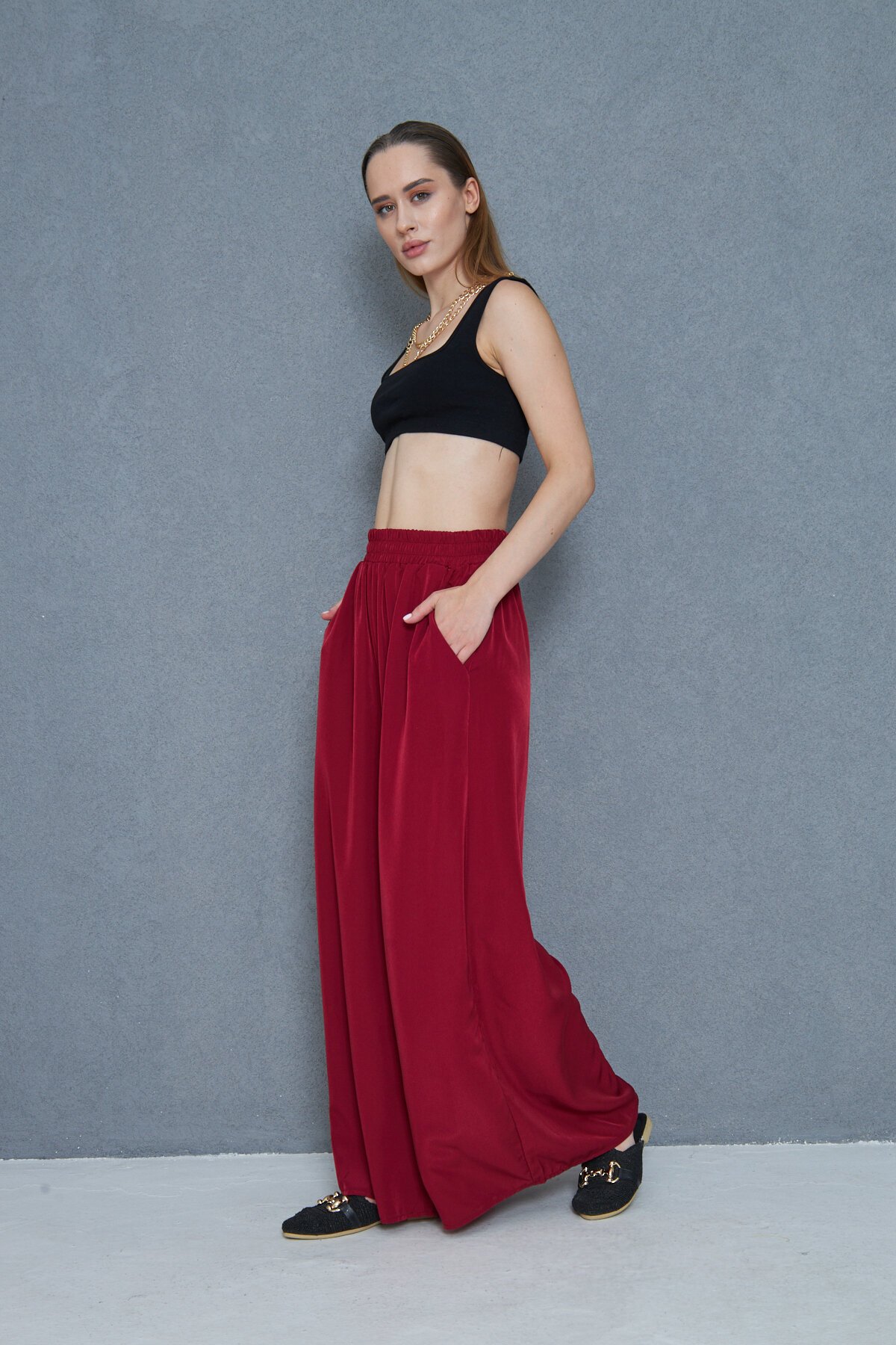 Oversized Loose Wide Leg Soft Textured Elastic Waist Pants - Burgundy - Pasaklı Giyim