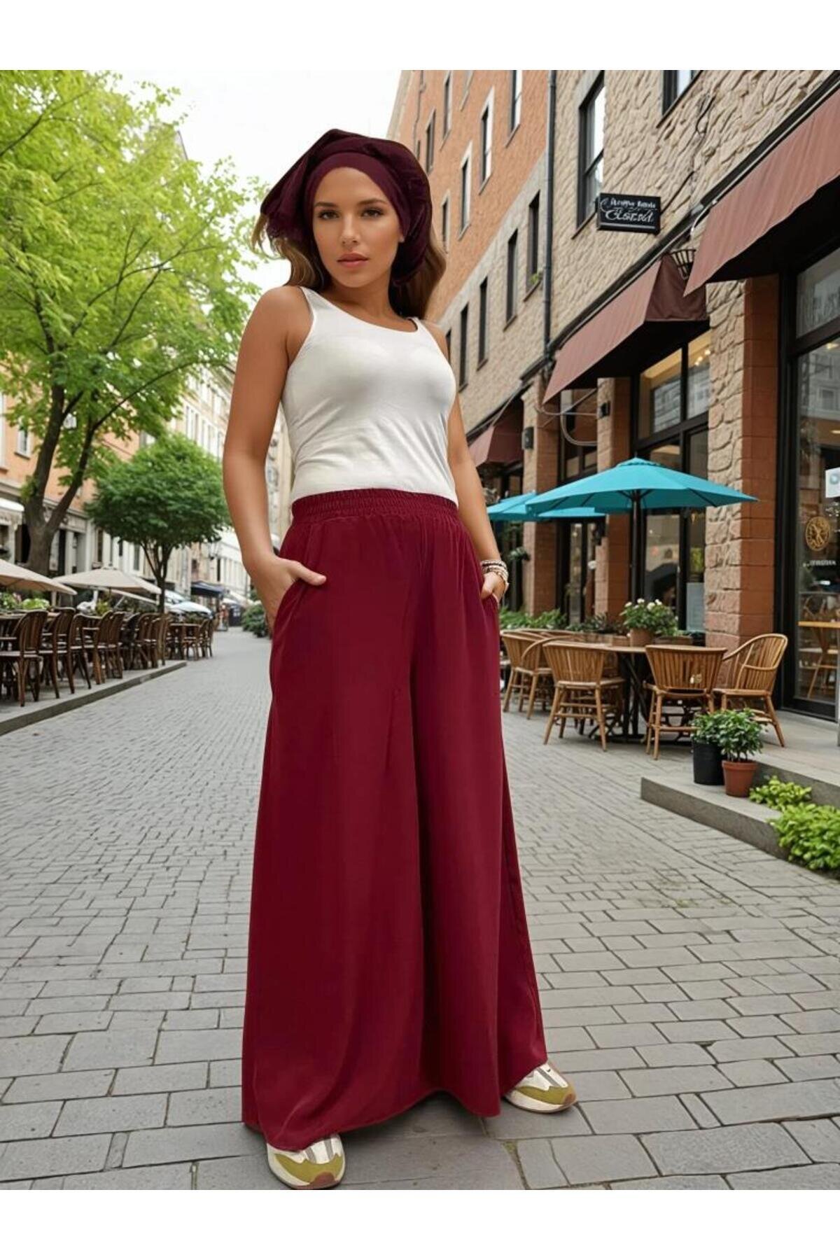 Oversized Loose Wide Leg Soft Textured Elastic Waist Pants - Burgundy - Pasaklı Giyim