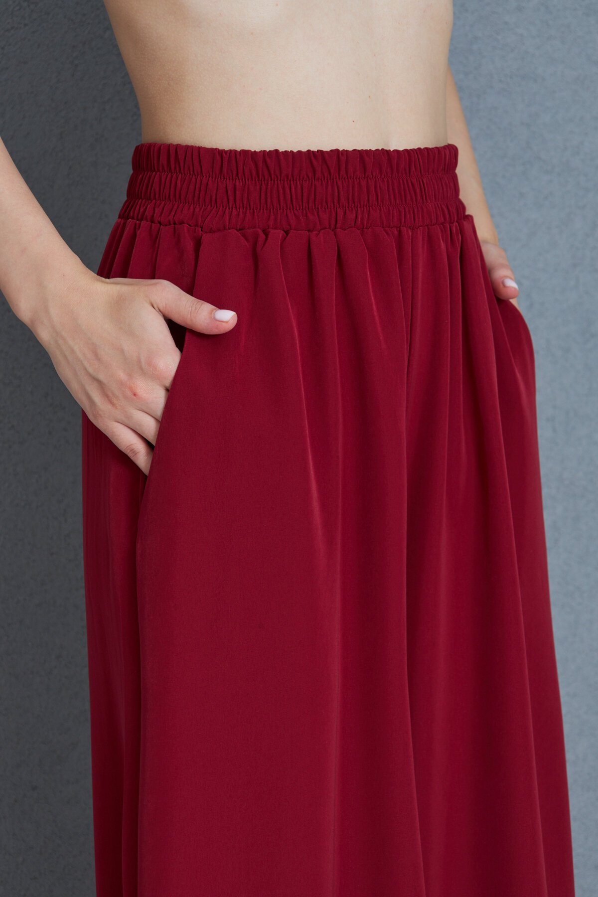 Oversized Loose Wide Leg Soft Textured Elastic Waist Pants - Burgundy - Pasaklı Giyim