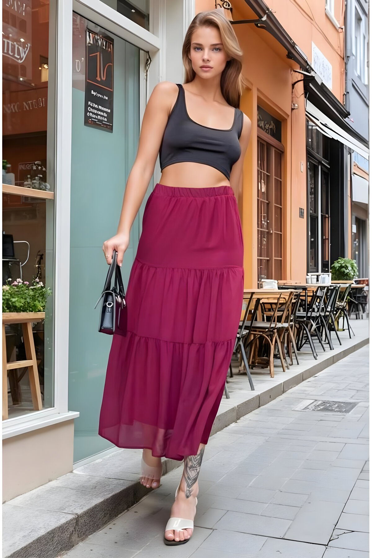 Bordo Uzun İki Katlı Şifon Beli Lastikli Etek