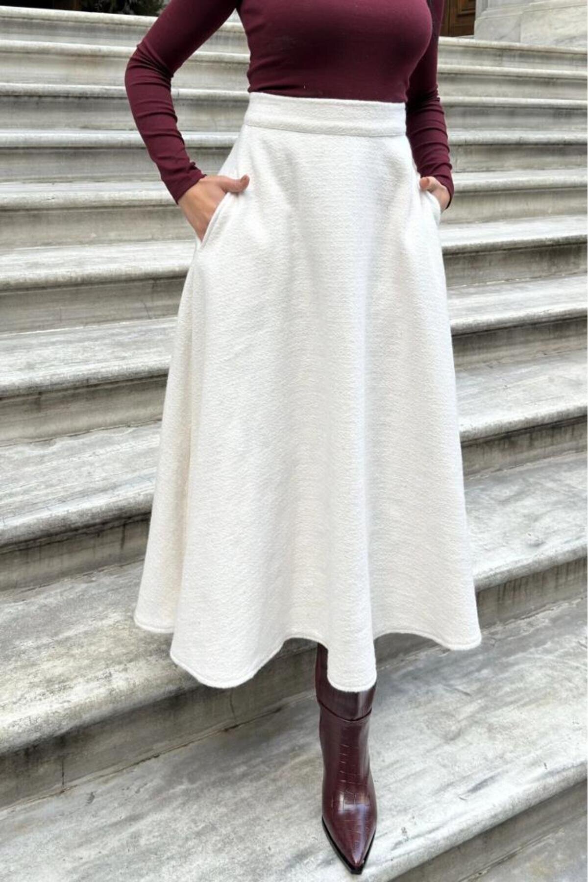 Long High-Waist Flared Winter Heathered Felt Pocketed Skirt - Ecru - Pasaklı Giyim